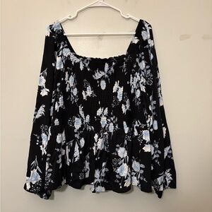 Torrid Black and Baby Blue Floral Long Sleeve Smocked Blouse, Size 4X Women’s
